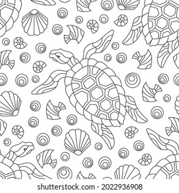 Seamless pattern with dark contour geometric turtles and seashells, outline animals on a white background