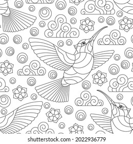 Seamless pattern with dark contour Hummingbird birds, clouds and flowers, outline birds on a white background