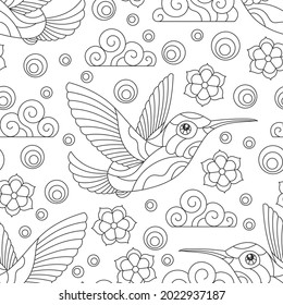 Patrón sin foco con contorno oscuro Aves colibríes, nubes y flores, pájaros esquemáticos sobre fondo naranja