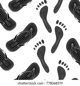Seamless pattern with  dark contour image of beach slippers and footprint on the sand. Merry summer graphics for textiles, dishes, postcard and posters about summer, beach and travel. Vector drawing.