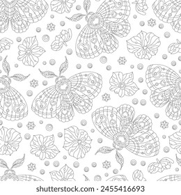 Seamless pattern with dark contour moths and orchid flowers, on a white background