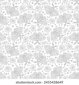 Seamless pattern with dark contour moths and orchid flowers, on a white background