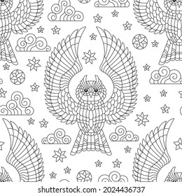 Seamless pattern with dark contour owls, stars and clouds on a white background