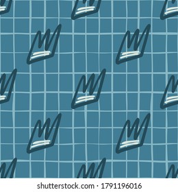Seamless pattern with dark crowns silhouettes on navy pastel blue background. Little white elements. Designed for wallpaper, textile, wrapping paper, fabric print. Vector illustration.