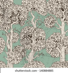 Seamless pattern of dark enchanted old trees graphic draw