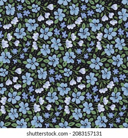 Seamless Pattern With Dark Floral Meadow. Modern Floral Print With Small Blue Flowers And Leaves On A Dark Field. Spring Flower Cover Design. Vector, CMYK.