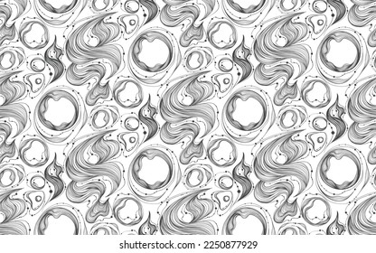 Seamless pattern of dark gray and thin hand drawn lines on the white background. Can be used for a wrapping paper, textile design. Mystic and cosmic shapes.