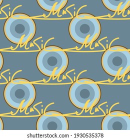 seamless pattern dark gray yellow lettering music and gray circles vector