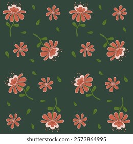 Seamless pattern, dark green background, orange flowers, green leaves, vector texture, trendy print for textiles and wallpapers.