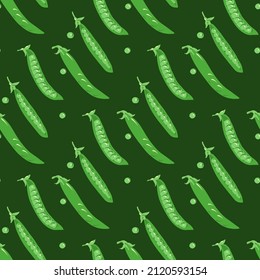 Patrón sin foco en color verde oscuro sobre un tema vegetal. Granos verdes brillantes en filas simétricas, frijoles. Los guisos abren y cierran las vainas. Diseño creativo de moda, fondo vegano. Ilustración del vector