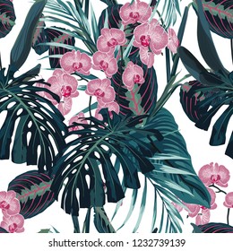 Seamless pattern, dark green colors palm leaves and tropical pink orchid flowers on white background. Vintage style.