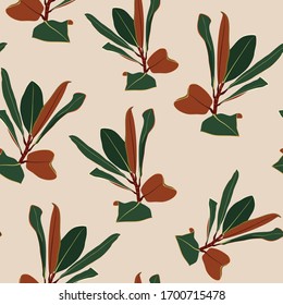 Seamless pattern, dark green, golden brown leaves on beige background.