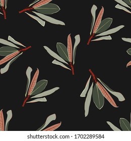 Seamless pattern, dark green, golden brown leaves on black background.