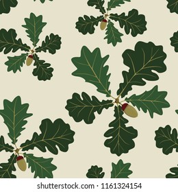 Seamless pattern with dark green oak branches. Vector autumn illustration in vintage style. 
