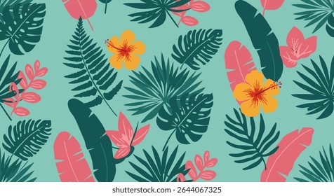 Seamless pattern of dark green tropical foliage, yellow hibiscus flowers, and pink banana leaves on a light blue background.