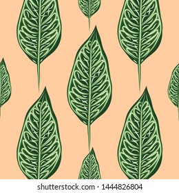 Seamless pattern, dark green, white Ficus Elastica leaves on light background