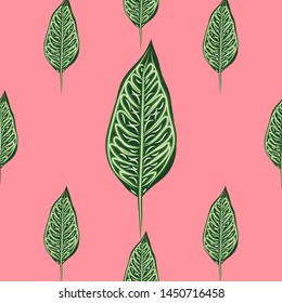 Seamless pattern, dark green, white and brown Ficus Elastica leaves on light background