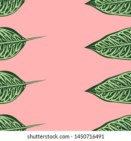 Seamless pattern, dark green, white and brown Ficus Elastica leaves on light background