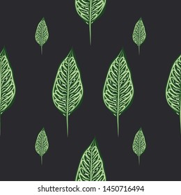 Seamless pattern, dark green, white and brown Ficus Elastica leaves on light background