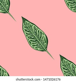 Seamless pattern, dark green, white Ficus Elastica leaves on light background