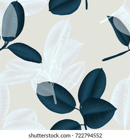 Seamless pattern, dark green and white Ficus Elastica leaves on light pink background