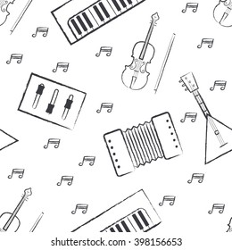 Seamless pattern dark grey children's crayon drawings on white background. Hand-drawn style. Seamless vector wallpaper with the image of musical instruments  piano, balalaika, mixer, violin bow, note