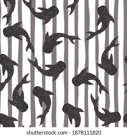 Seamless pattern with dark grey ocean animals silhouettes. Whale shark ornament on striped background. Perfect for fabric design, textile print, wrapping, cover. Vector illustration.