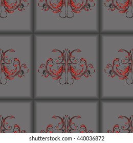 Seamless pattern dark grey tiles with vintage floral ornament in the center, vector illustration