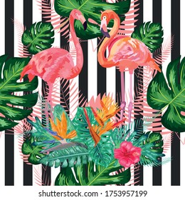 Seamless pattern with dark grunge stripes and pink flamingo. Pink flamingo background