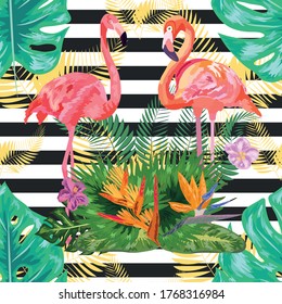 Seamless pattern with dark grunge stripes and pink flamingo. Pink flamingo design