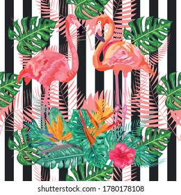 Seamless pattern with dark grunge stripes and pink flamingo. Pink flamingo design