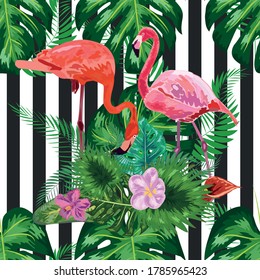 Seamless pattern with dark grunge stripes and pink flamingo. Pink flamingo design