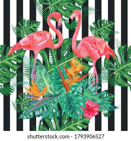 Seamless pattern with dark grunge stripes and pink flamingo. Pink flamingo design