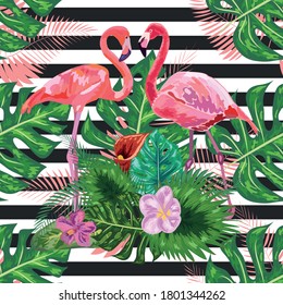 Nahtloses Muster mit dunklen Grunge-Streifen und rosafarbenen Flamingos. Rosa Flamingo-Design