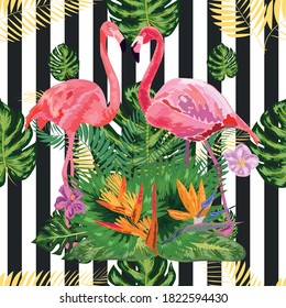 Seamless pattern with dark grunge stripes and pink flamingo. Pink flamingo background design