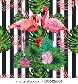 Patrón sin foco con rayas de grano oscuro y flamingo rosado. Diseño de fondo de flamingo rosa
