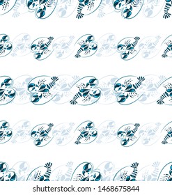 Seamless pattern with dark and light blue lobsters. The background image for a thematic site, textiles, bar, restaurant, seafood store, packaging design.