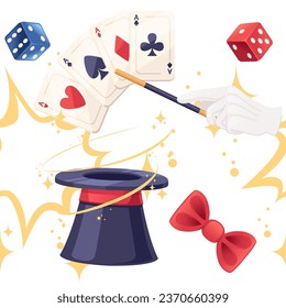Seamless pattern Dark magic hat with playing dice and mask vector illustration on white background