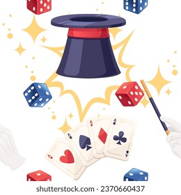Seamless pattern Dark magic hat with playing dice vector illustration on white background