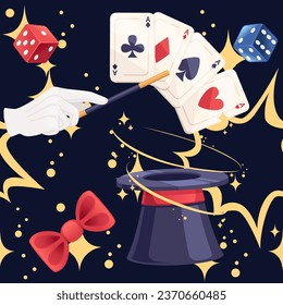 Seamless pattern Dark magic hat with playing dice vector illustration on dark background