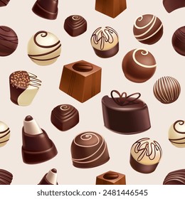 Seamless pattern of dark and milk chocolate sweets on pastel background