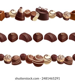 Seamless pattern of dark and milk chocolate sweets on pastel background