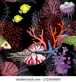 Seamless pattern with dark ocean night, hand drawn marine life, vector illustration