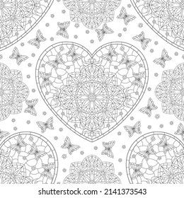 Seamless pattern with dark outline hearts, butterflies and flowers on a white background