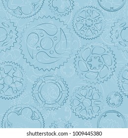 Seamless pattern with dark outlined gears and cogs light blue background. Stylish designed vector illustration for banner, card or web decorations.