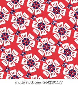 Seamless pattern dark pink background flower white, Geometric Vector, botanical illustration, fabric textile, wrapping paper, navy blue white