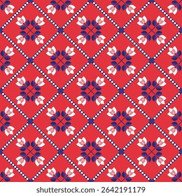 Seamless pattern dark pink background flower in square, Geometric Vector, botanical illustration, fabric textile, wrapping paper, nordic, sweden