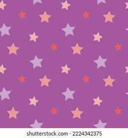 Seamless pattern in dark pink and lilac stars on purple backgound. Vector image.
