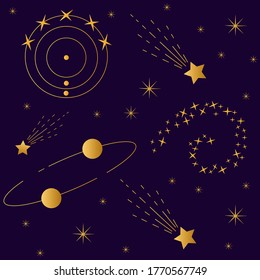 Seamless pattern with dark purple background with golden cosmic vector elements - stars, planets, golden rays, sputnik, asteroids, astronomical diagrams, galaxy, orbit.