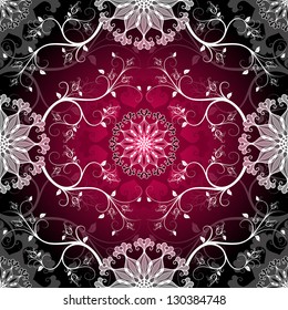 Seamless pattern with a dark purple center and white swirls and flowers (vector EPS 10)